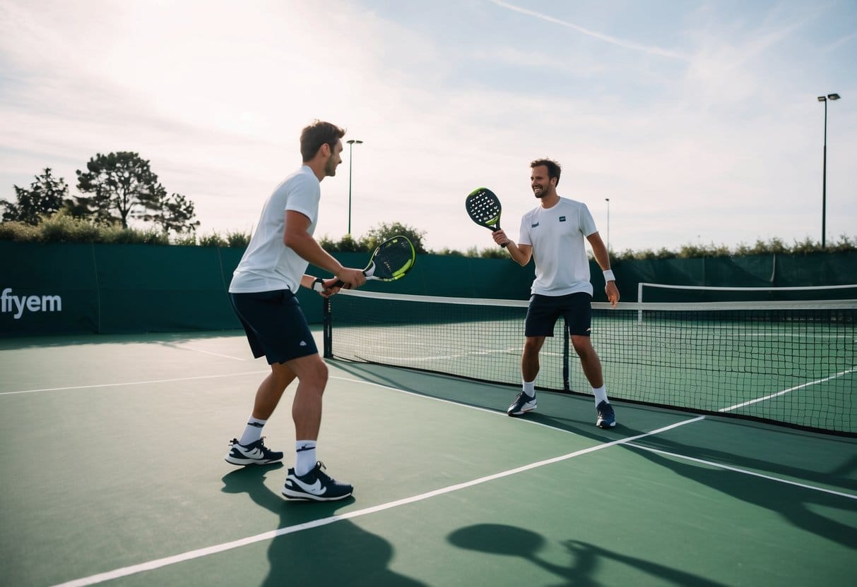 To personer spiller padel tennis på en bane i Fyn omgivet af grønne områder og under en klar himmel